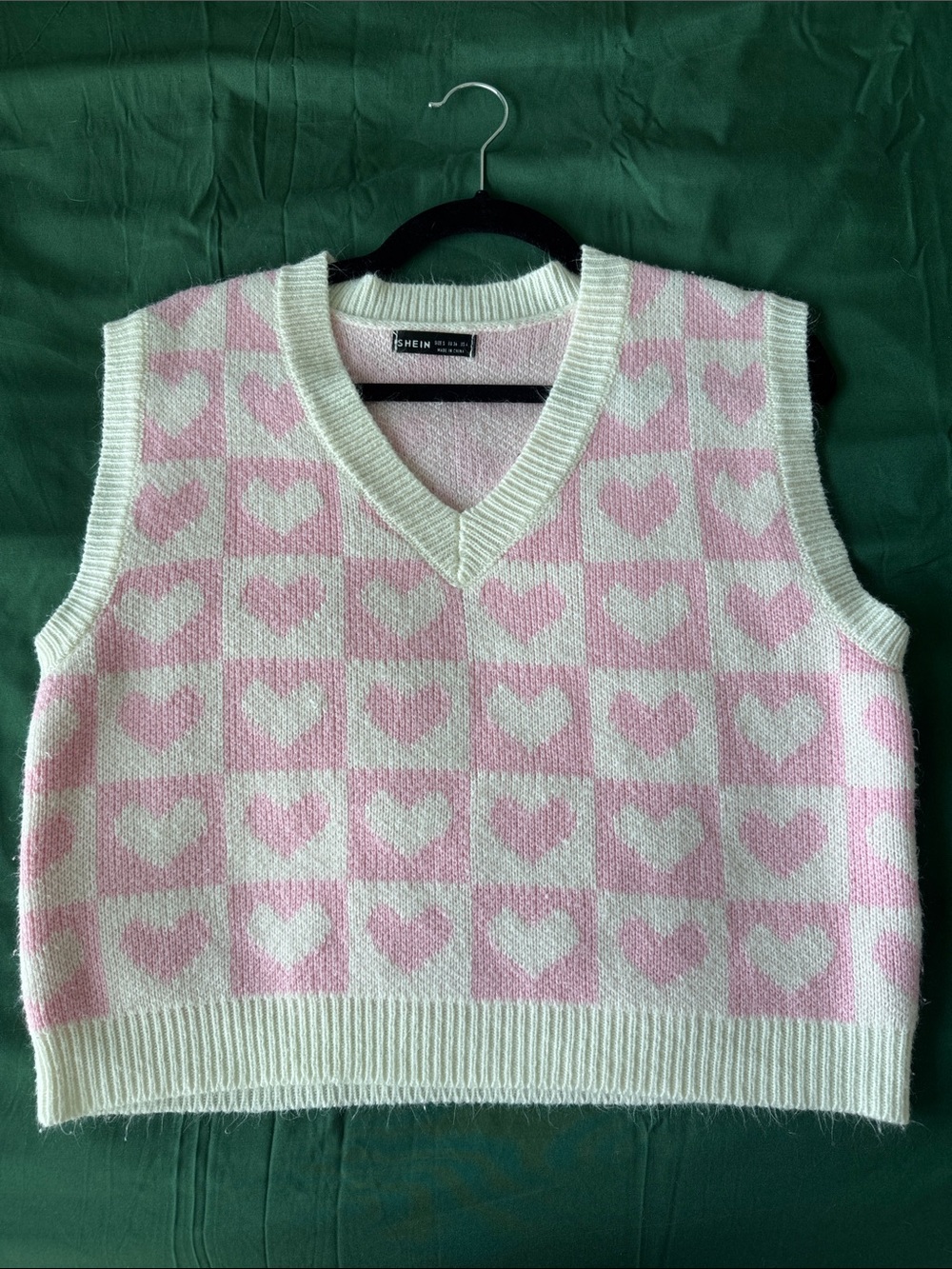 SHEIN Pink and Cream Heart-Print V-Neck Knit Vest
